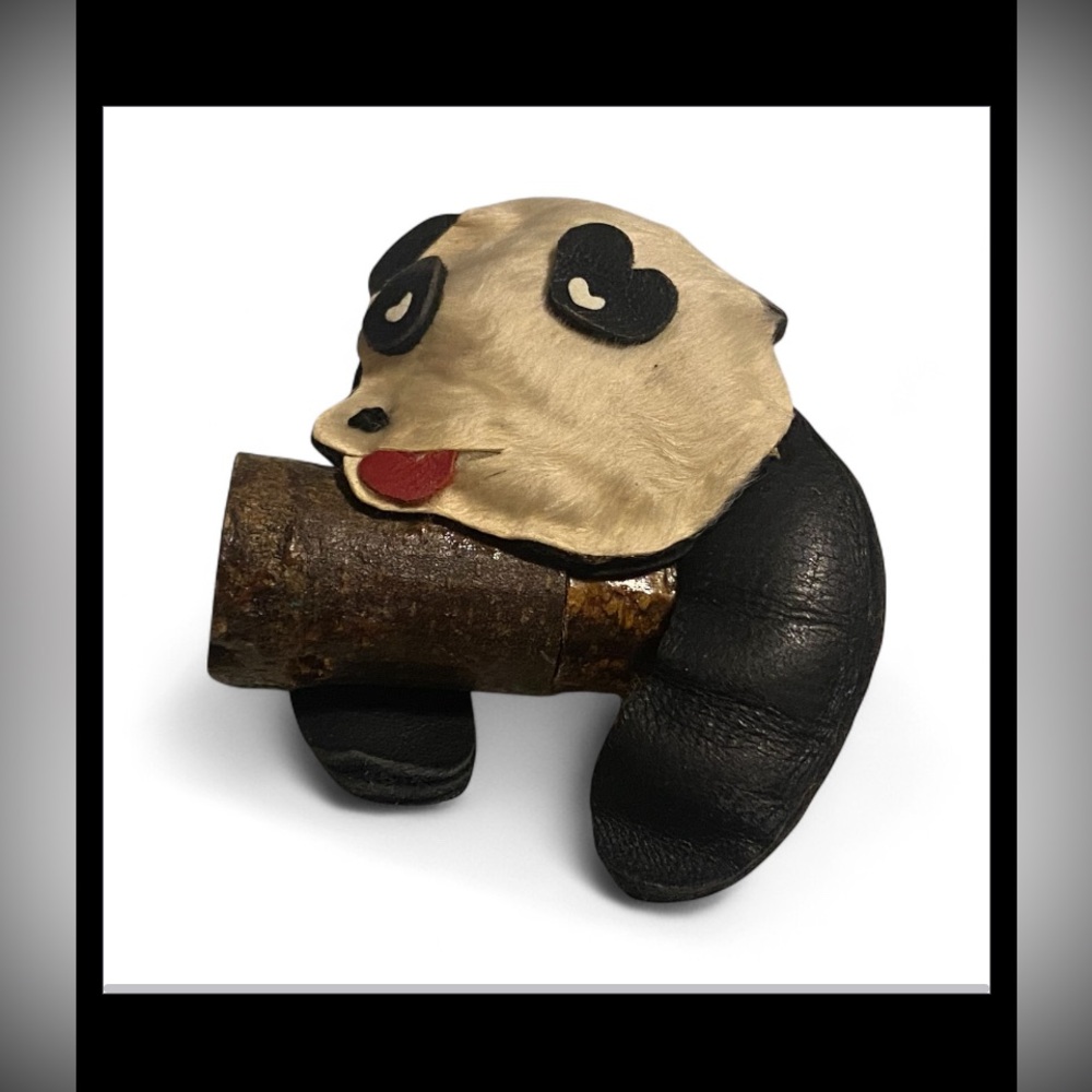 Antique Leather and Wood Panda Bear Brooch #6867